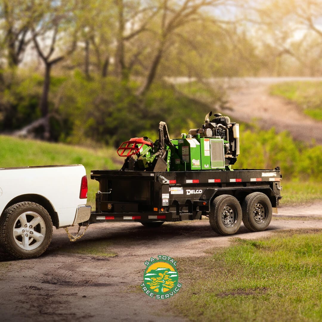 A truck pulls a trailer carrying a green stump grinder on a dirt path, surrounded by trees. The logo of "S.A. Total Tree Service," an expert tree care company, is visible on the ground in front of the trailer.